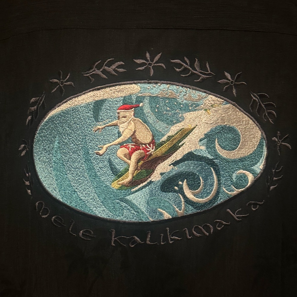 Reyn Spooner Black Silk-Linen Christmas Aloha Hawaiian Shirt